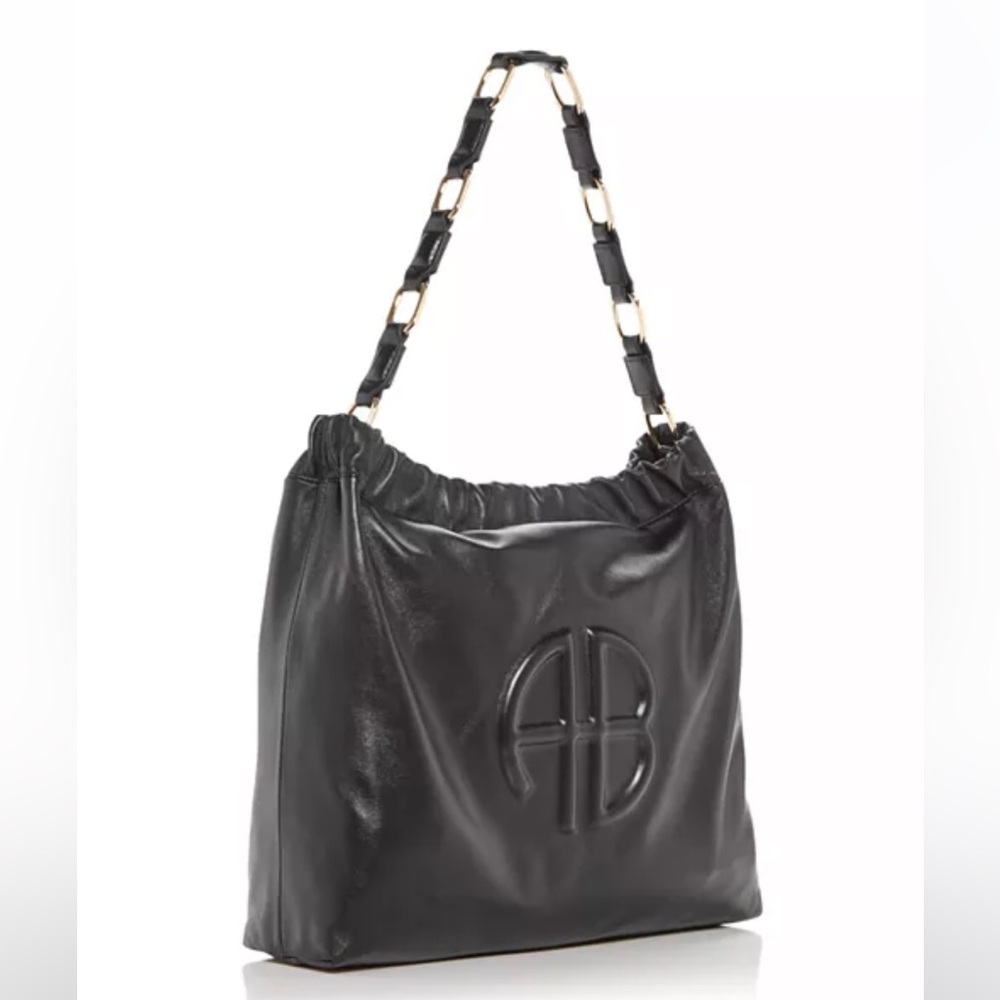 Anine Bing Black Leather Logo Hobo Bag with Gold Chain-Linked Strap